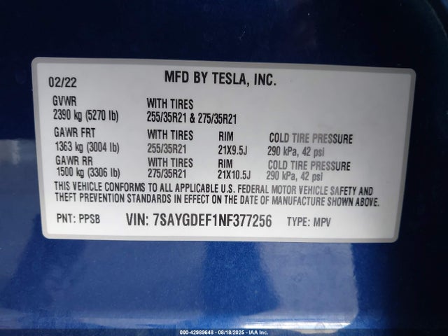 2022 TESLA MODEL Y 7SAYGDEF1NF377256 Photo 8