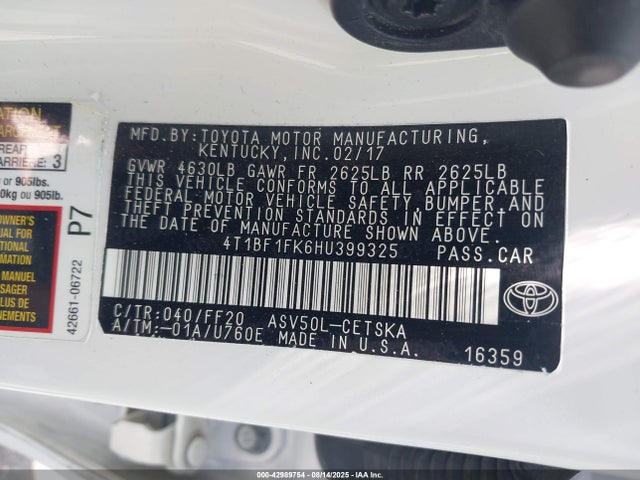 Toyota 2ar-fe 2017 4T1BF1FK6HU399325 Image 9
