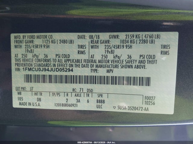 1FMCU0J94JUD05294 Ford 2018
