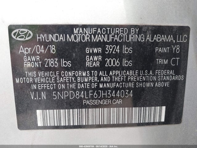 5NPD84LF6JH344034 Hyundai mpi nu