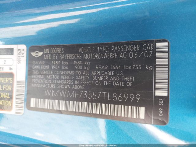 2007 MINI COOPER S WMWMF73557TL86999 Photo 8