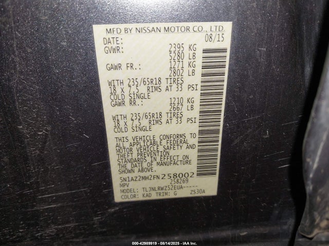 Nissan Murano 2015 5N1AZ2MH2FN258002 Image 9