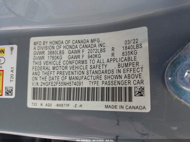 Honda k20c2 2022 2HGFE2F55NH574091 Image 9