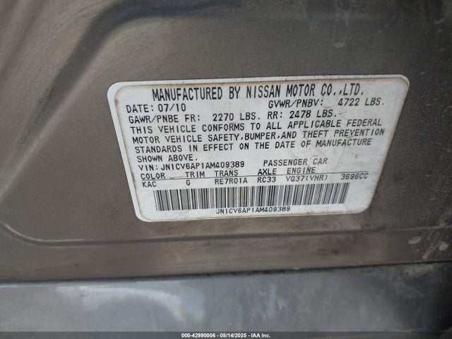 2010 Infiniti G37 Sport მანქანა იყიდება აუქციონზე, vin: JN1CV6AP1AM409389, აუქციონის ნომერი: 42990006
