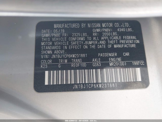 JN1BJ1CP6KW231881 Nissan ROGUE SPORT