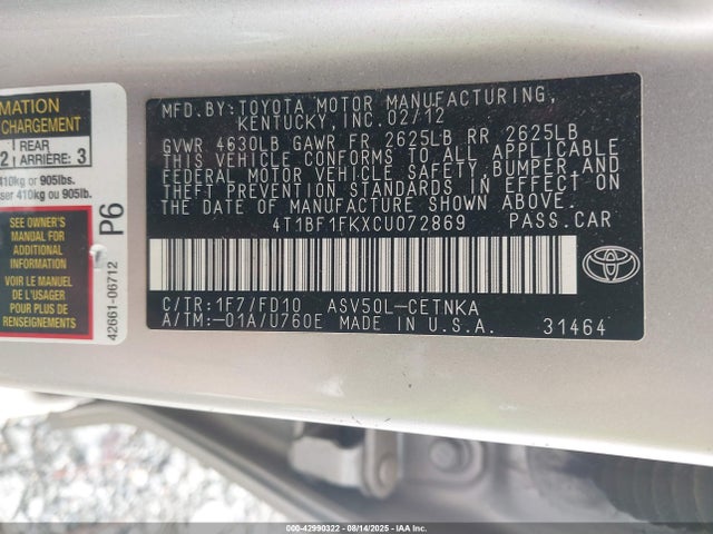 Продаж на аукціоні авто 2012 Toyota Camry Le, vin: 4T1BF1FKXCU072869, номер лоту: 42990322