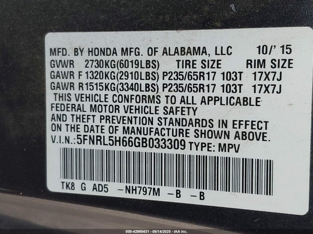 5FNRL5H66GB033309 Honda j35z8