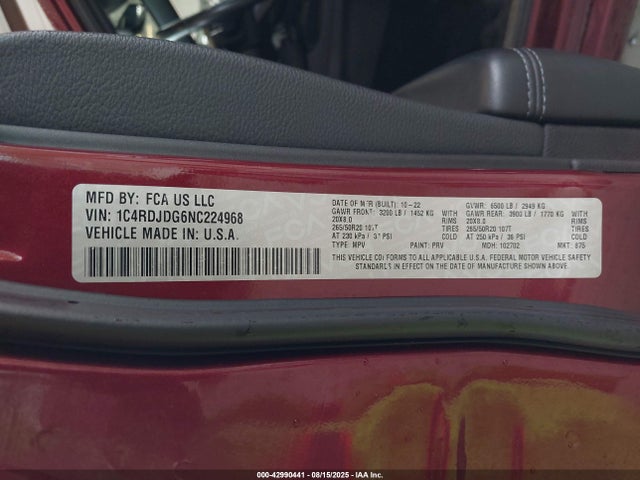 1C4RDJDG6NC224968 Dodge Durango