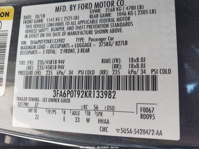 3FA6P0T92KR133982 Ford gtdi
