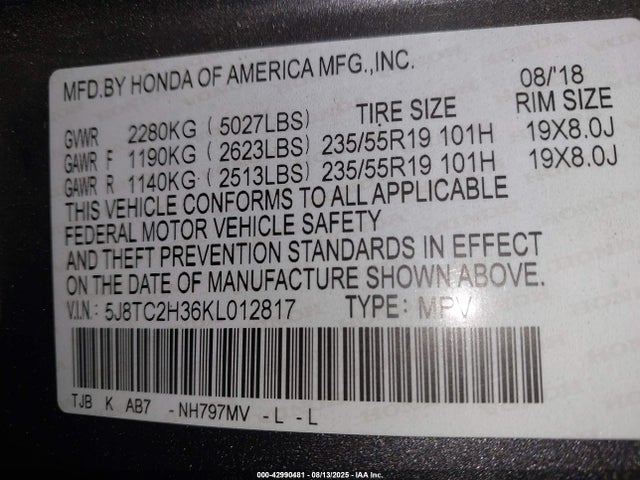 Acura k20c4 2019 5J8TC2H36KL012817 Image 9