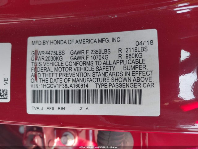 1HGCV1F36JA160614 Honda l15be