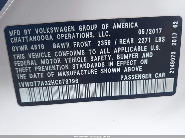 Продажа на аукционе авто 2017 Volkswagen Passat 1.8t R-line, vin: 1VWDT7A32HC078796, номер лота: 42990553