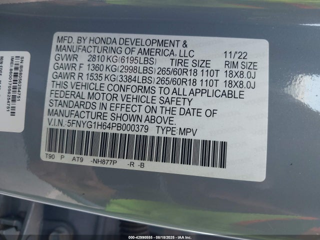 5FNYG1H64PB000379 Honda j35y8