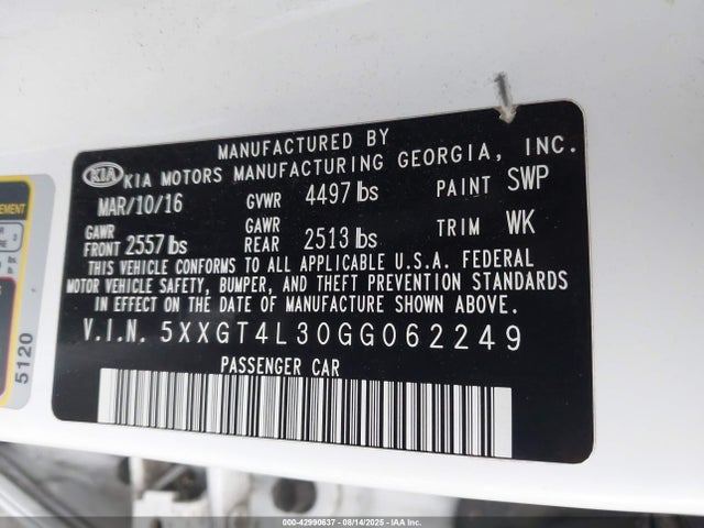 5XXGT4L30GG062249 KIA t-gdi theta ii