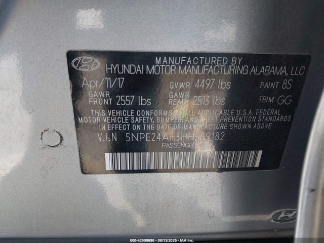 5NPE24AF3HH589182 Hyundai 2017