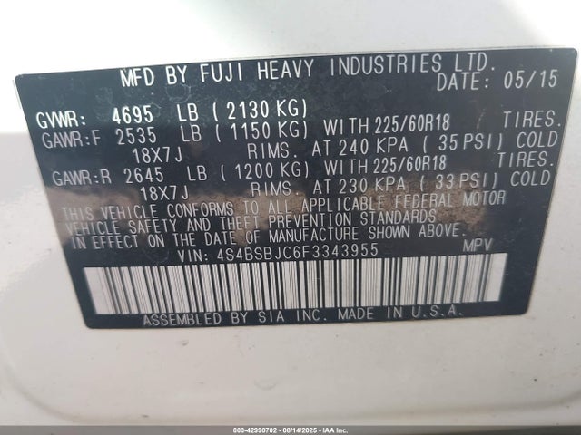 Subaru 2.5l u6 2015 4S4BSBJC6F3343955 Image 9