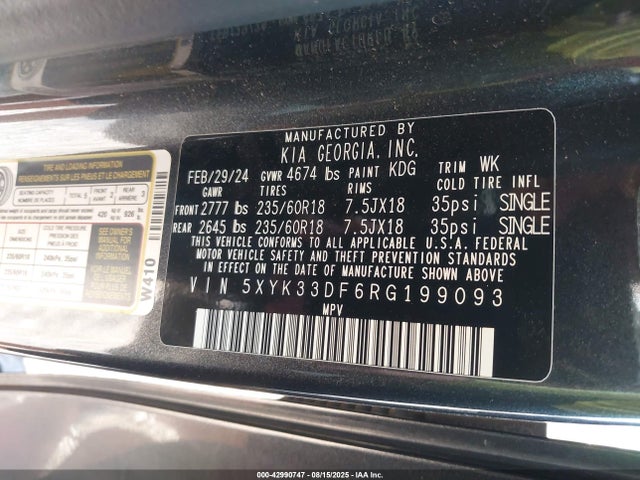 5XYK33DF6RG199093 KIA gdi theta iii