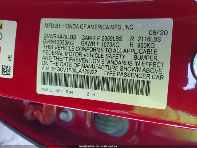 1HGCV1F30LA120922 Honda l15be