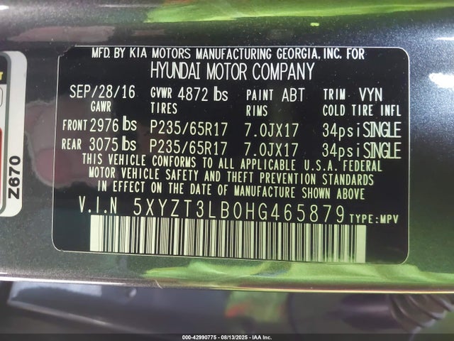 5XYZT3LB0HG465879 Hyundai gdi theta ii