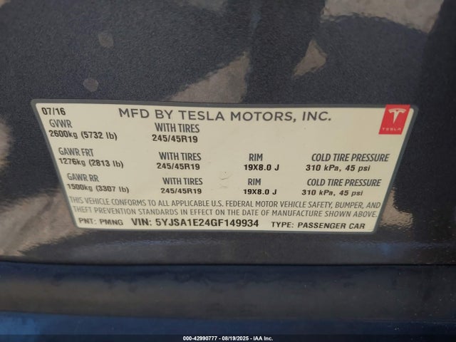 2016 TESLA MODEL S 5YJSA1E24GF149934 Photo 8