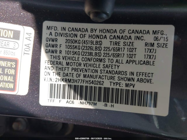 Honda k24w9 2015 2HKRM3H77FH540262 Image 9