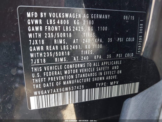 WVGAV7AX9GW537429 Volkswagen 2.0t