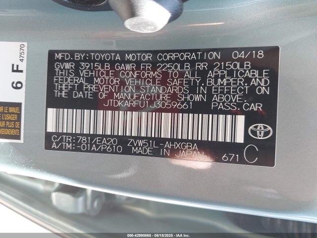 JTDKARFU1J3059661 Toyota 2zr-fxe,1nm