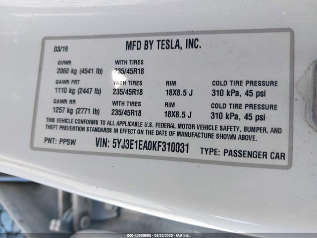 Tesla MODEL 3 2019 5YJ3E1EA0KF310031 Image 9