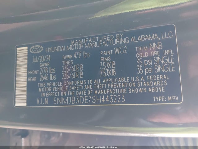 5NMJB3DE7SH443223 Hyundai gdi theta iii