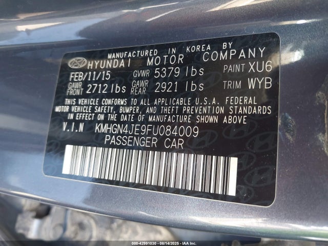 Hyundai gasoline 3.8 dohc mpi lambda 2015 KMHGN4JE9FU084009 Image 9