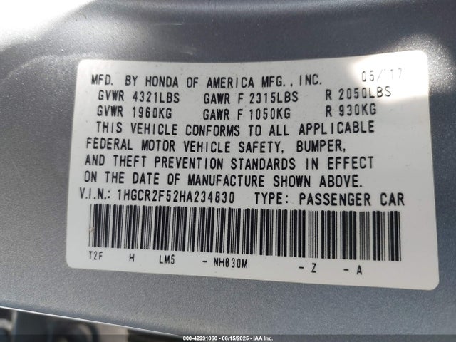 1HGCR2F52HA234830 Honda k24w1