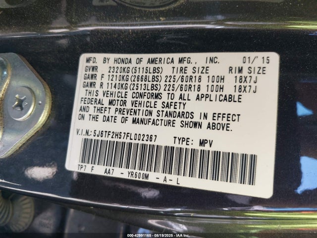 Honda j35y1 2015 5J6TF2H57FL002367 Image 9