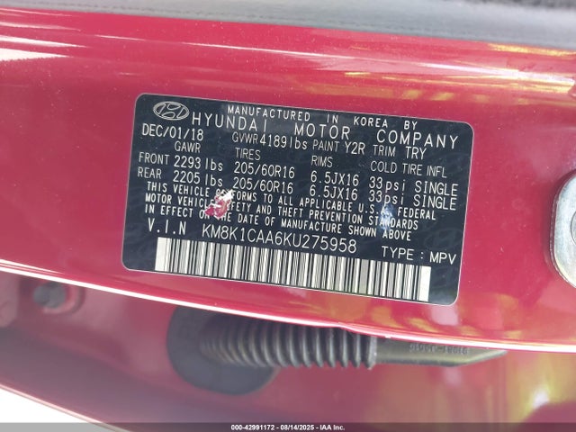 KM8K1CAA6KU275958 Hyundai mpi nu