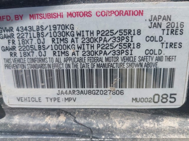 Mitsubishi dohc mivec 2016 JA4AR3AU8GZ027606 Image 9