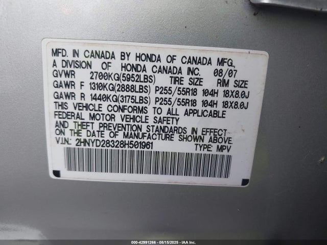 Продаж на аукціоні авто 2008 Acura Mdx Technology, vin: 2HNYD28328H501961, номер лоту: 42991266