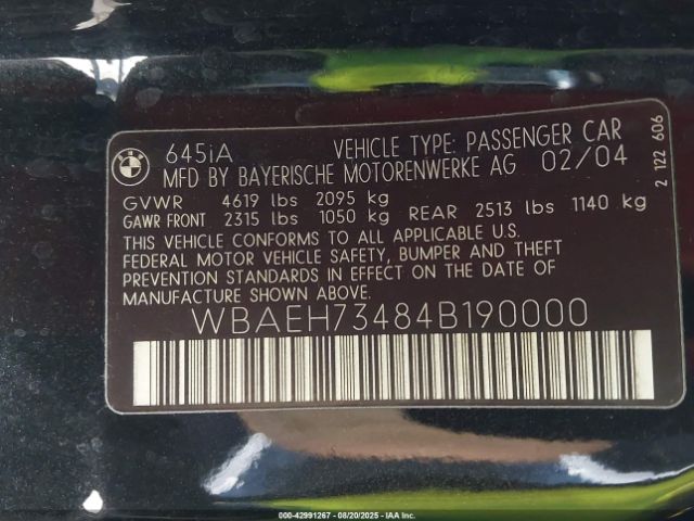 2004 BMW 645CI WBAEH73484B190000 Photo 8