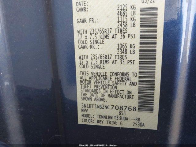 5N1BT3AB2NC708768 Nissan 2022