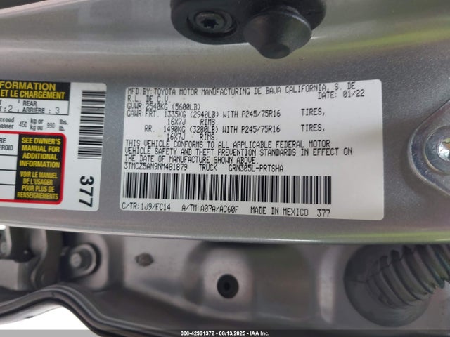 3TMCZ5AN9NM481879 Toyota Tacoma Sr5 V6