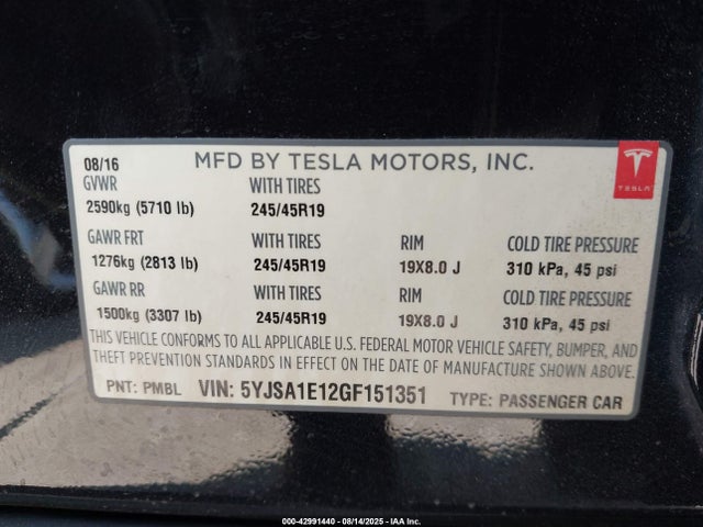 2016 TESLA MODEL S 5YJSA1E12GF151351 Photo 8