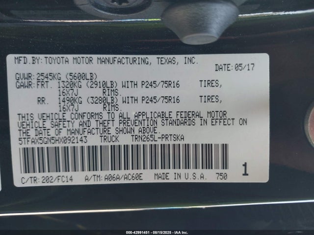 5TFAX5GN5HX092143 Toyota 2tr-fe