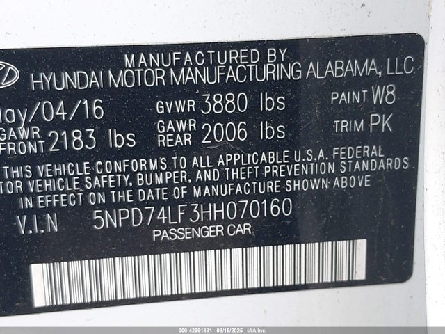 5NPD74LF3HH070160 Hyundai Elantra