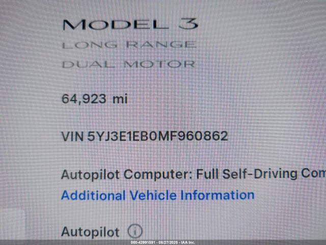 Продаж на аукціоні авто 2021 Tesla Model 3 Long Range Dual Motor All-wheel Drive, vin: 5YJ3E1EB0MF960862, номер лоту: 42991591