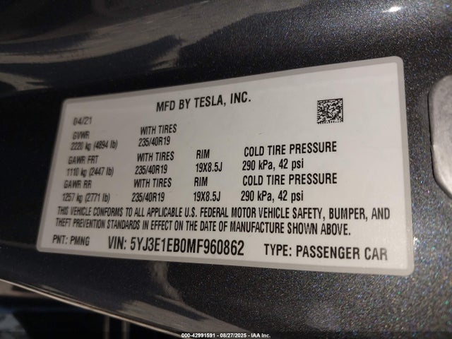Продаж на аукціоні авто 2021 Tesla Model 3 Long Range Dual Motor All-wheel Drive, vin: 5YJ3E1EB0MF960862, номер лоту: 42991591