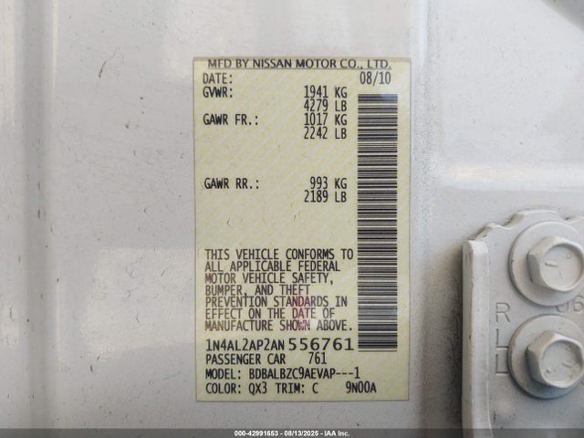 2010 Nissan Altima 2.5 S მანქანა იყიდება აუქციონზე, vin: 1N4AL2AP2AN556761, აუქციონის ნომერი: 42991653