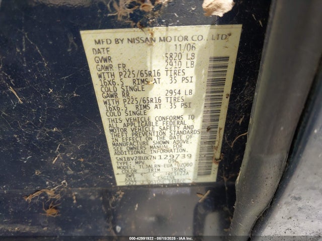 2007 NISSAN QUEST 5N1BV28UX7N129739 Photo 8