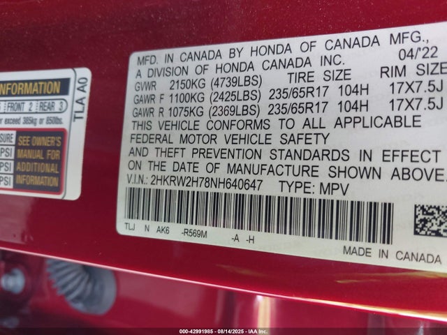 2HKRW2H78NH640647 Honda l15be