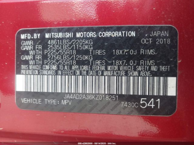 2019 MITSUBISHI OUTLANDER JA4AD2A36KZ018251 Photo 8