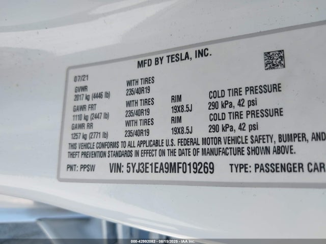 2021 TESLA MODEL 3 5YJ3E1EA9MF019269 Photo 8