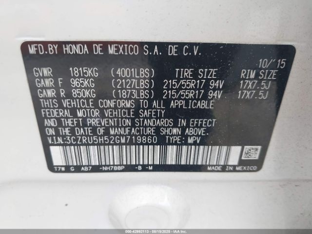 2016 HONDA HR-V 3CZRU5H52GM719860 Photo 8