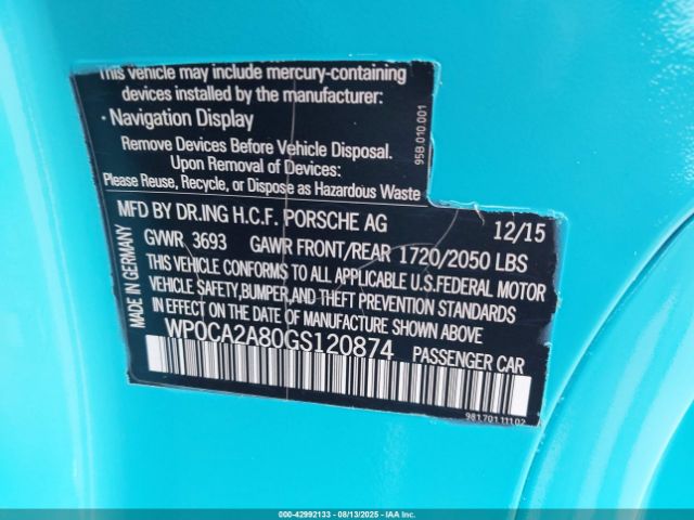 2016 PORSCHE BOXSTER WP0CA2A80GS120874 Photo 8